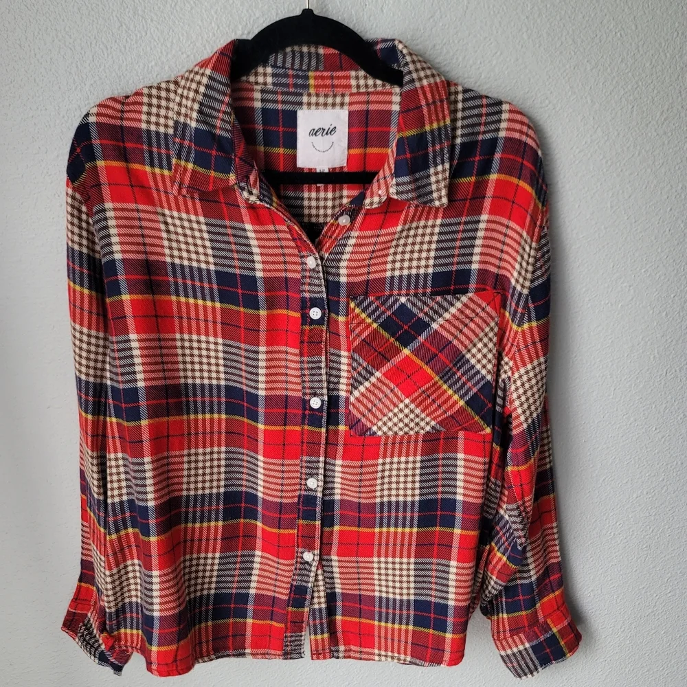 Aerie Plaid Flannel Pajama Sleep Shirt Size Small In Red/Blue Plaid NWT